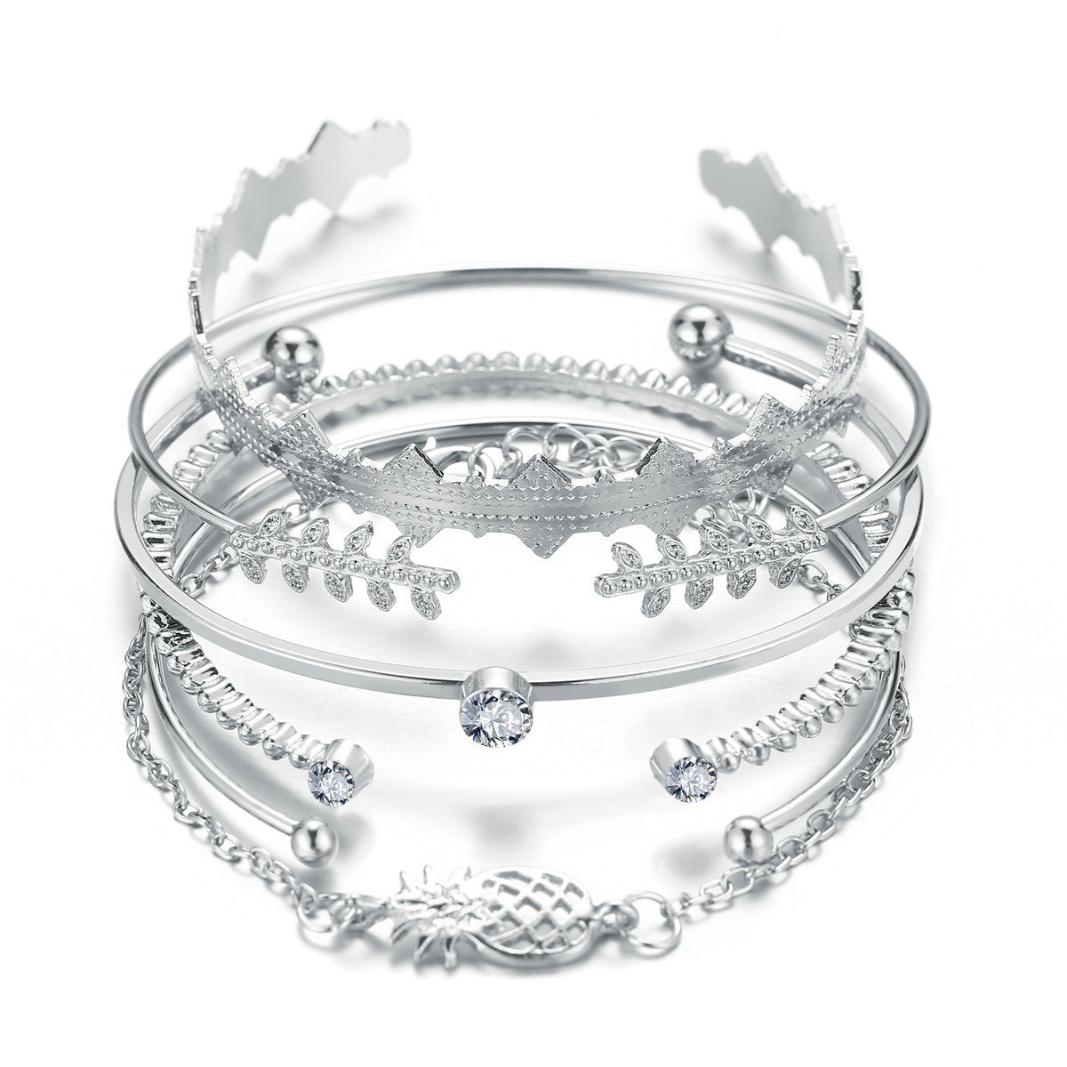 6 Piece Geometric Bangle Set With Austrian  Crystals 18K White Gold Plated Bracelet ITALY Made